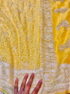 Lemon Yellow 100% Pure Khaddi Georgette Silver Zari ChikanKari Handloom Saree