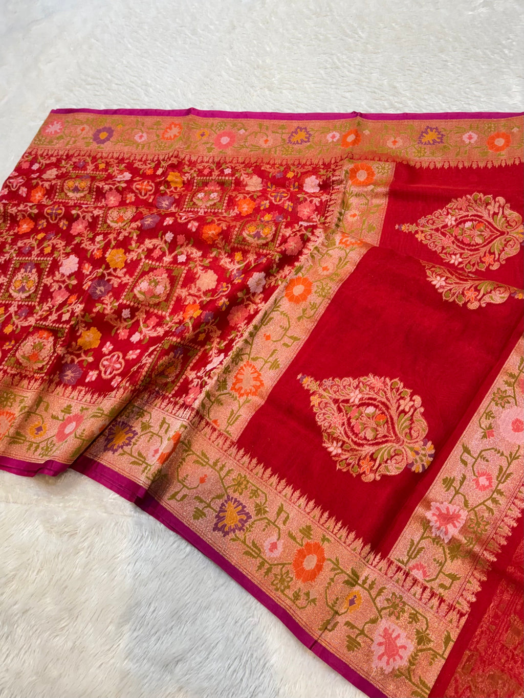 Prebook | Red Ektara Banarasi Kora Jamdani Saree