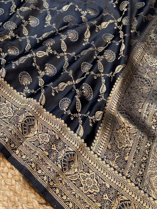 Black Banarasi Soft Mashru Silk Partywear Saree