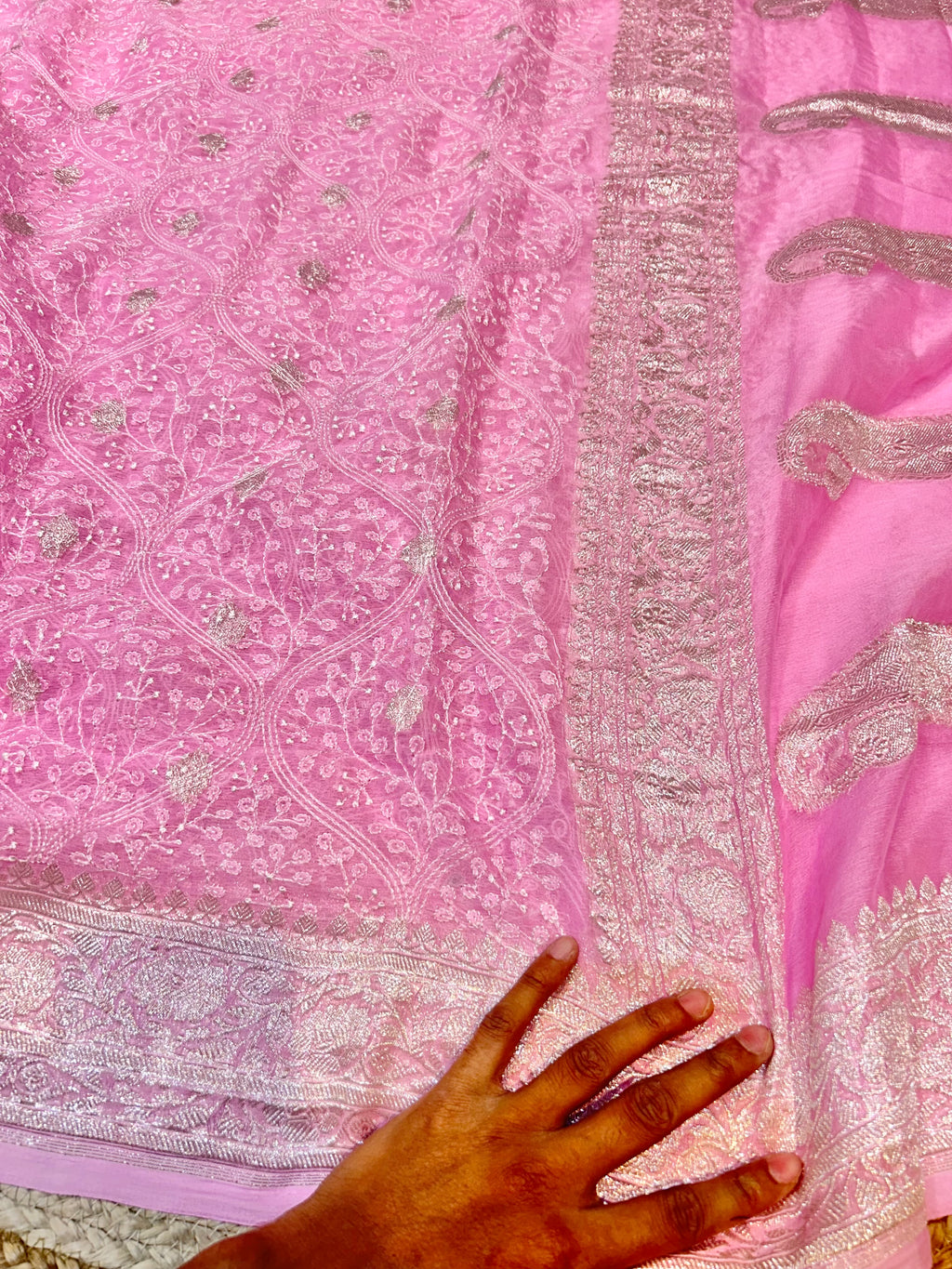 Baby Pink 100% Pure Khaddi Georgette Silver Zari ChikanKari Handloom Saree