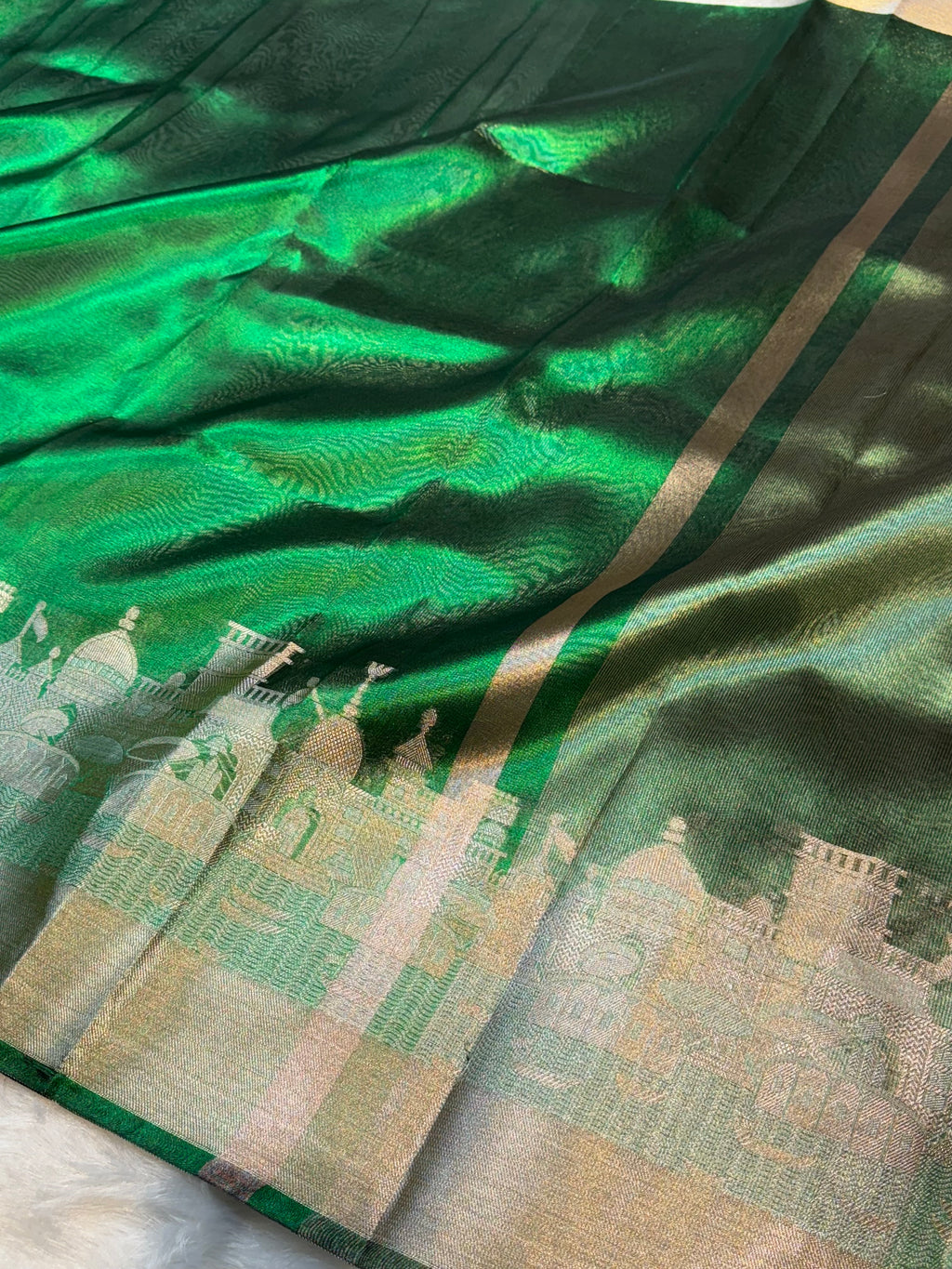 Diamond Green Tissue Silk Partywear Banarasi Ghat Lightweight Saree