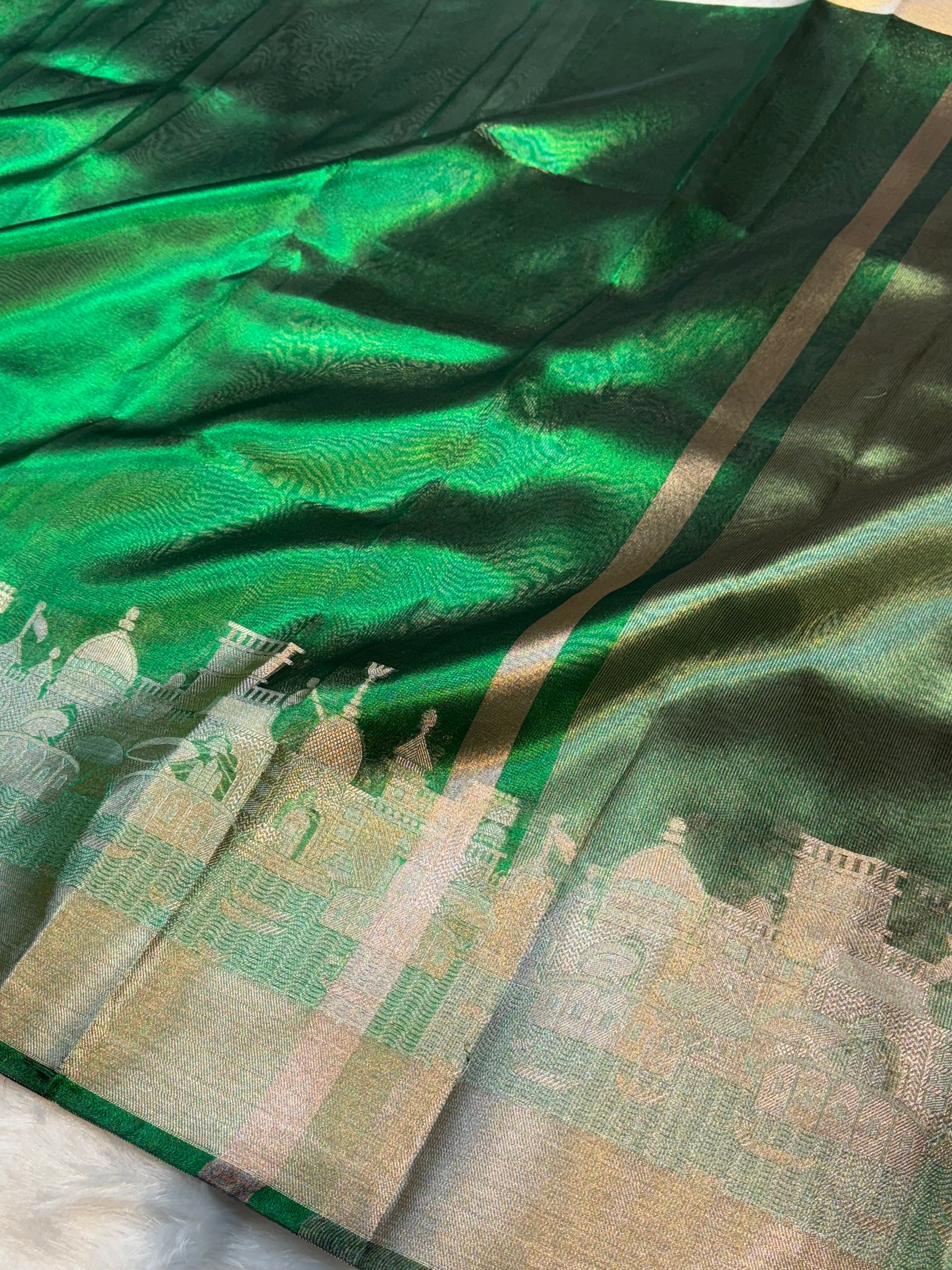 Diamond Green Tissue Silk Partywear Banarasi Ghat Lightweight Saree