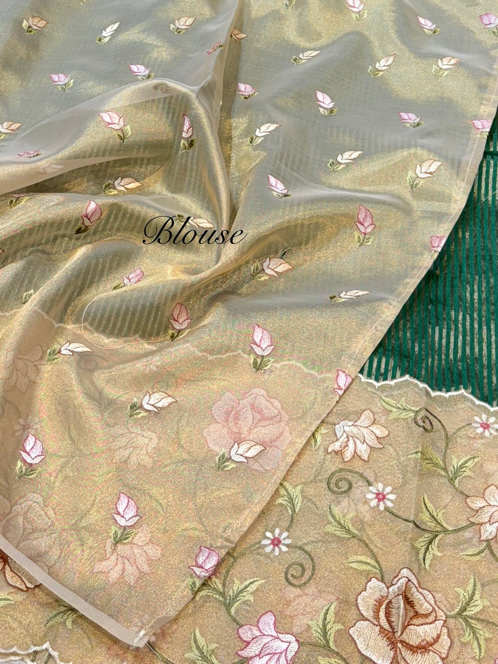 Bottle Green Tissue Silk Partywear Banarasi Embroidery Tissue Border Lightweight Sarees