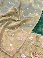Bottle Green Tissue Silk Partywear Banarasi Embroidery Tissue Border Lightweight Sarees