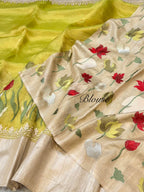 Diamond Pista Green 100% Pure Handloom Tissue Silk Partywear Banarasi Embroidery Lightweight Sarees
