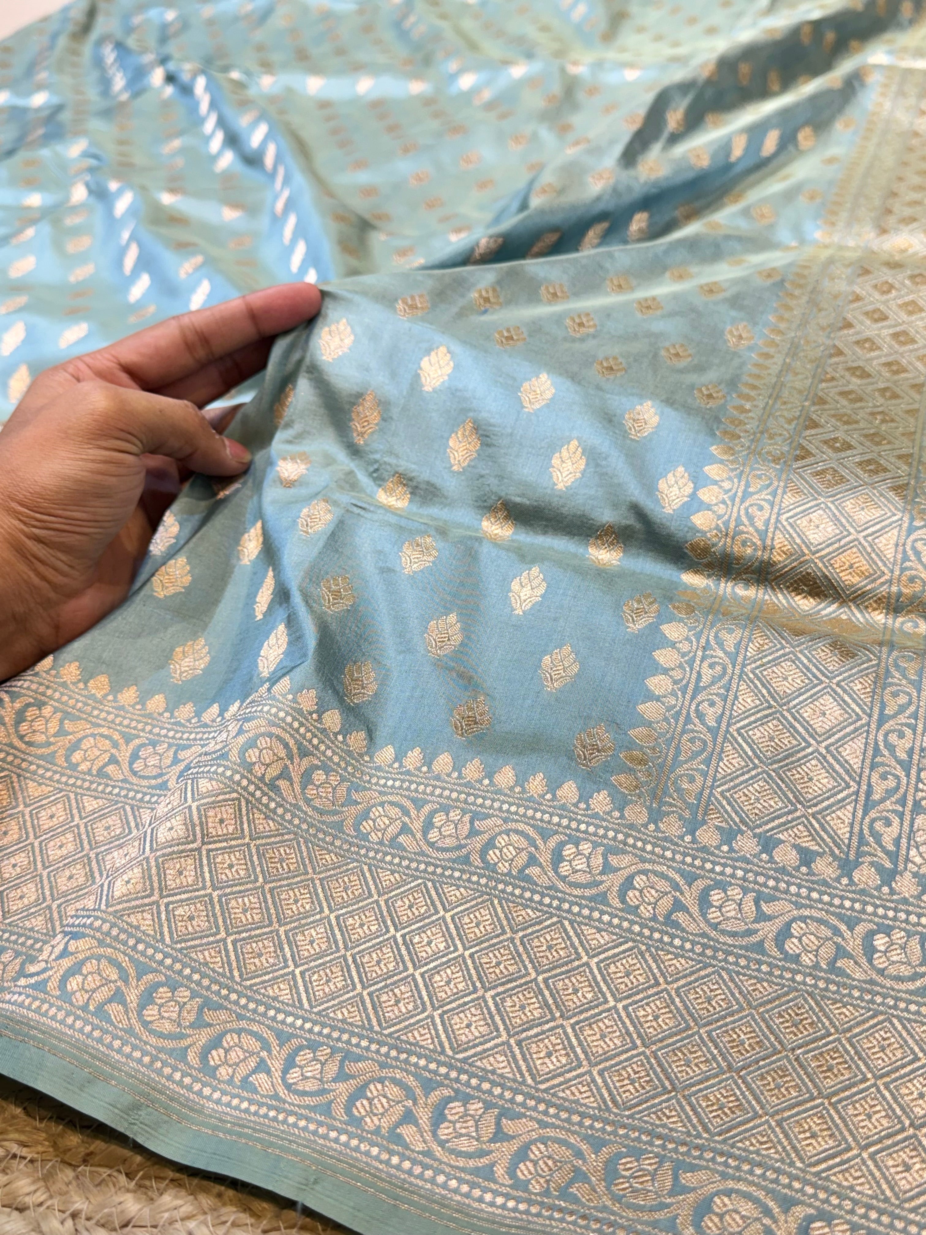 Powder Blue 100% Pure Banarasi Katan Silk Saree