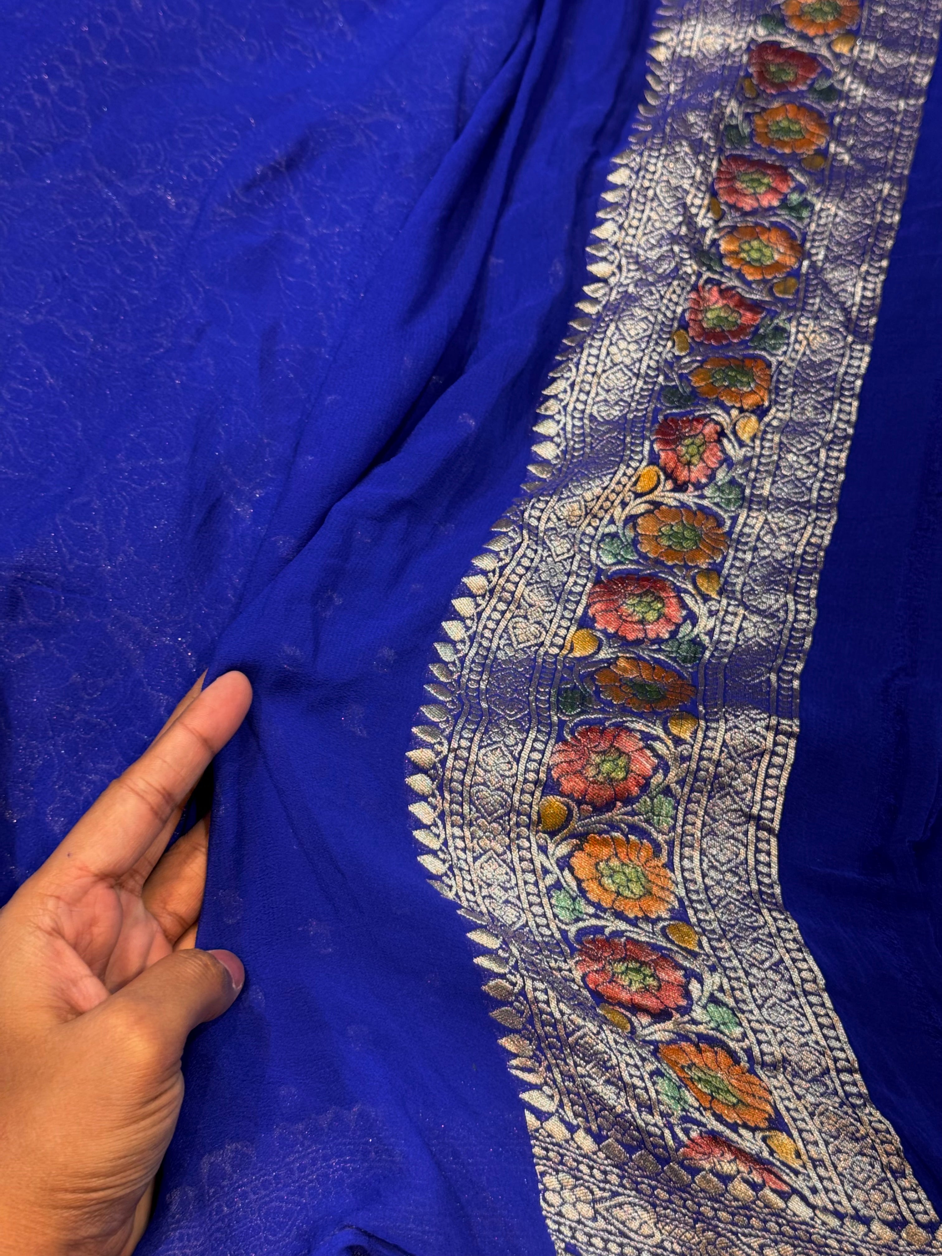Royal Blue 100% Pure Banarasi Khaddi Georgette Meenakari Saree