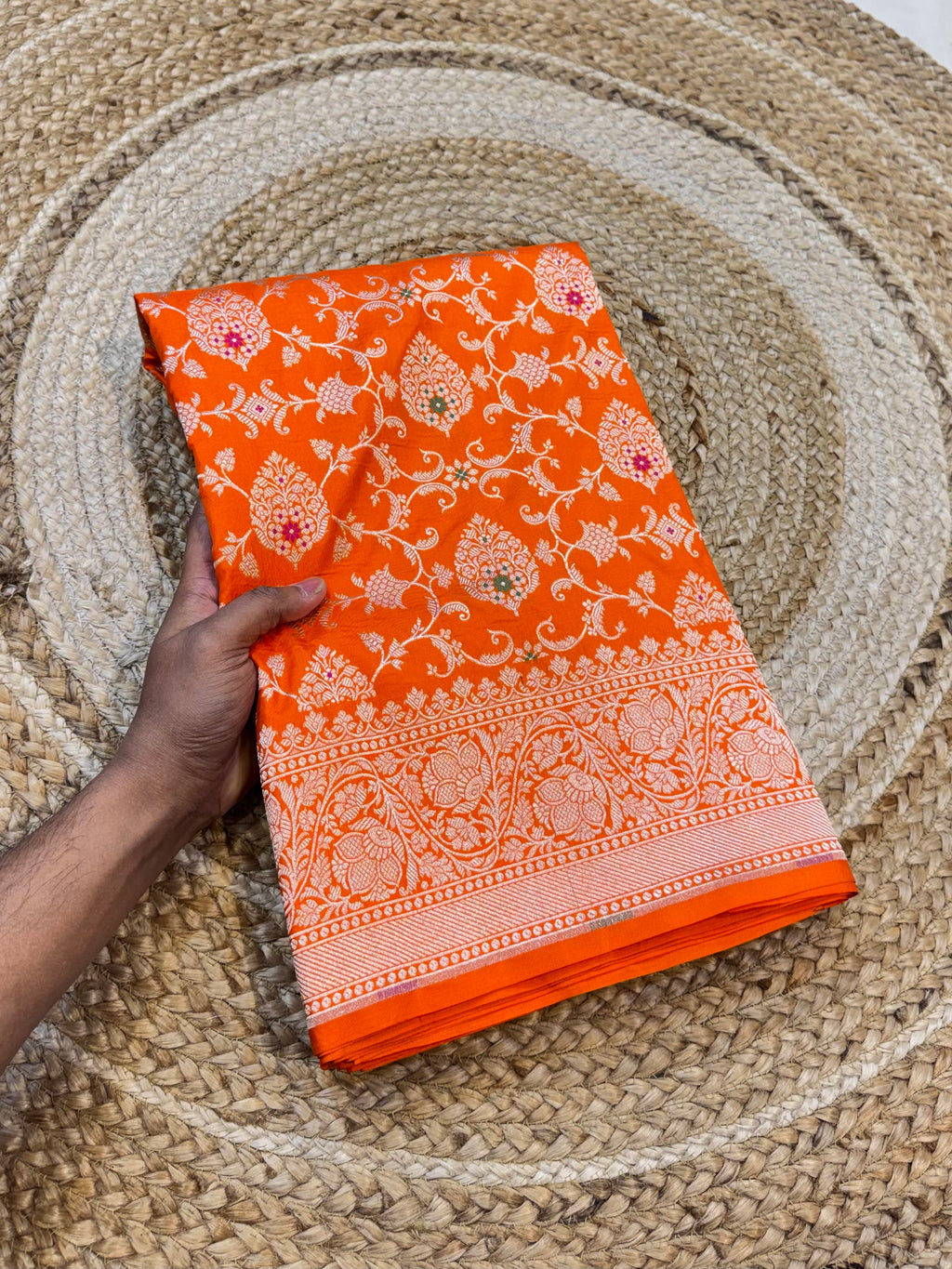 Prebook | Fanta Orange 100% Pure Banarasi Katan Silk Meenakari Saree