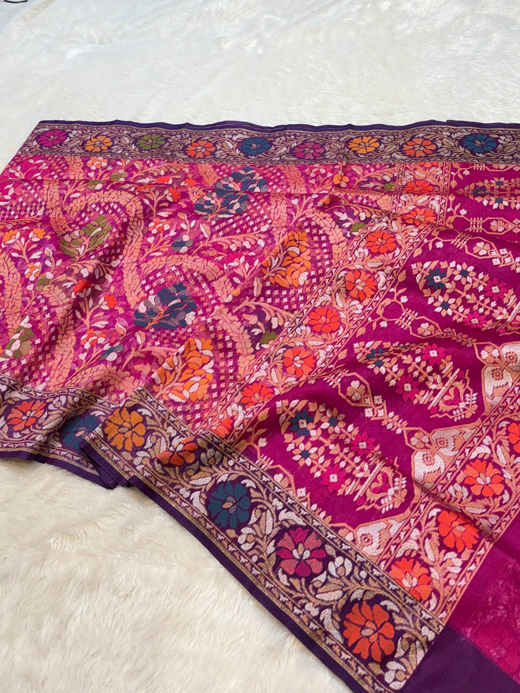 Magenta Pink 100% Pure Ektara Banarasi Kora Jamdani Saree