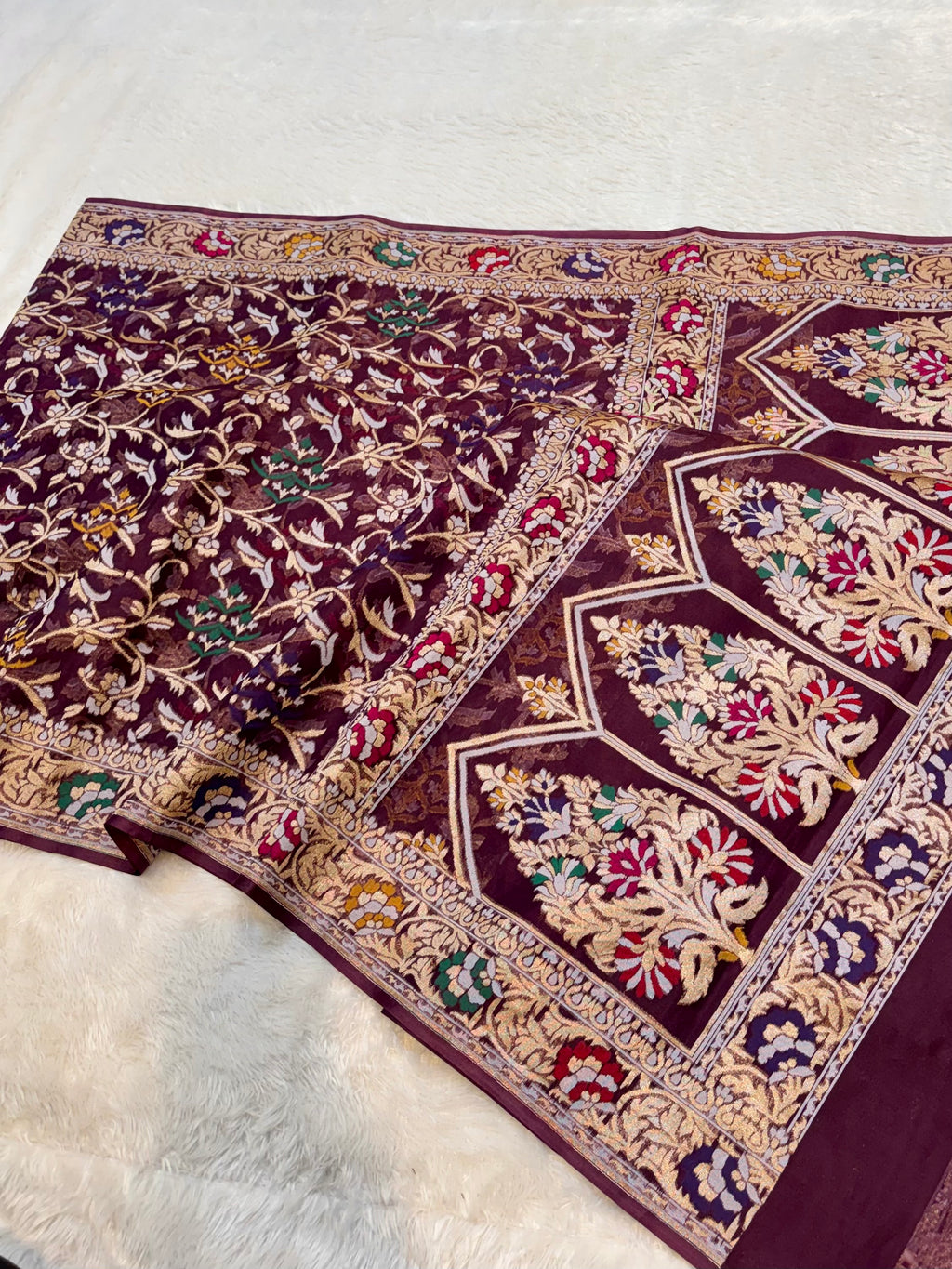 Wine Pure Banarasi Ektara Kora Jamdani Saree