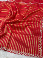Red 100% Pure Handloom Mul Cotton Stripes Tissue Silk Partywear Banarasi Embroidery Lightweight Sarees
