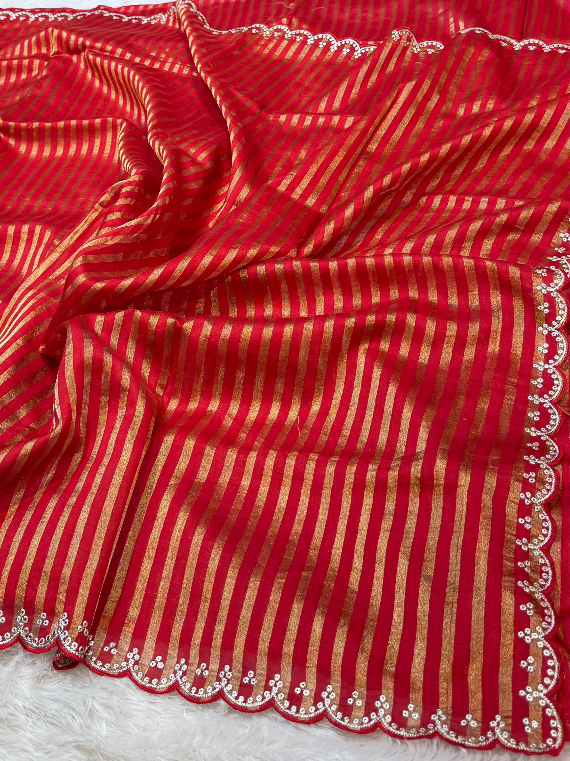 Red 100% Pure Handloom Mul Cotton Stripes Tissue Silk Partywear Banarasi Embroidery Lightweight Sarees