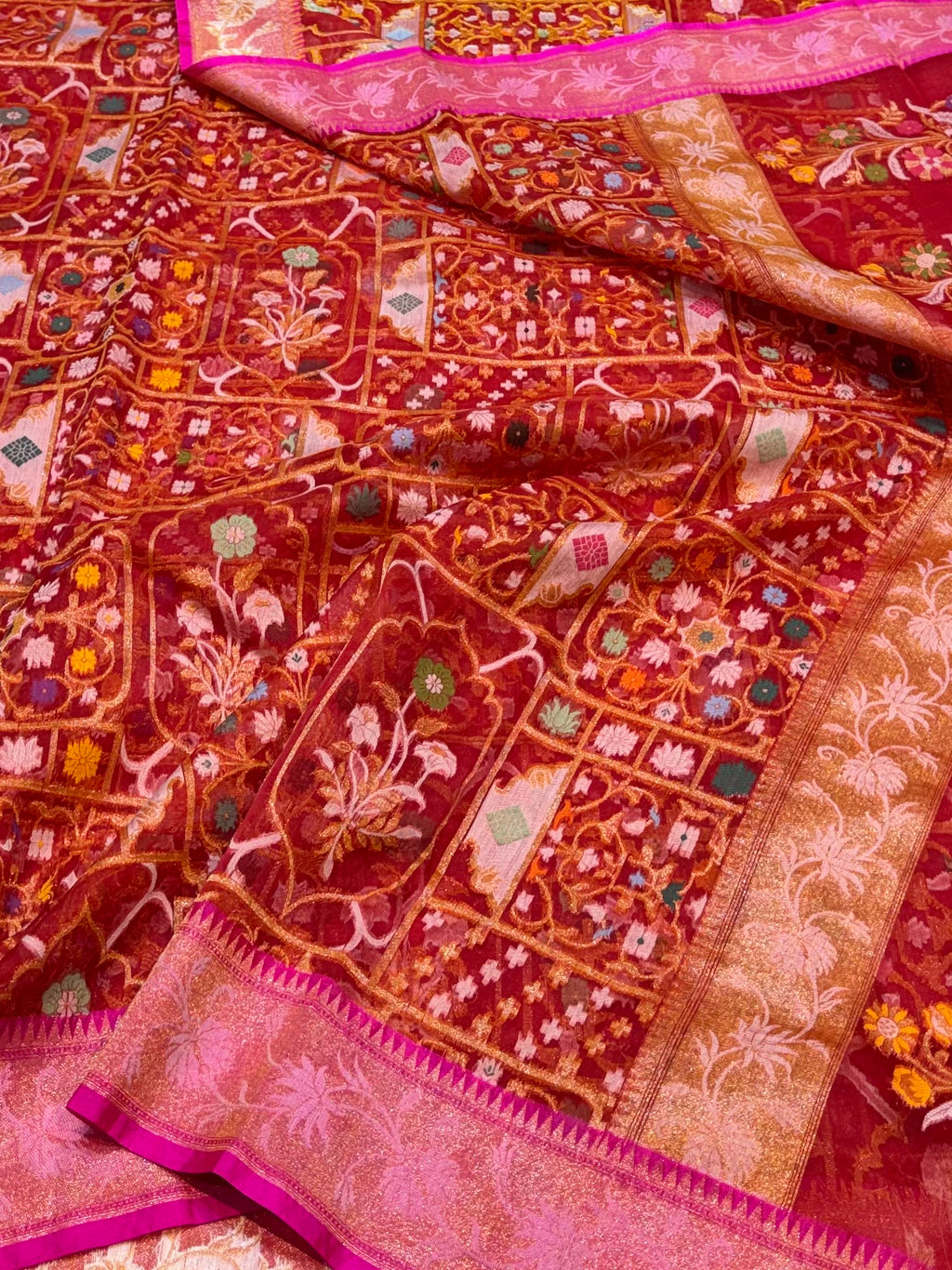 Red 100% Pure Ektara Banarasi Kora Jamdani Saree