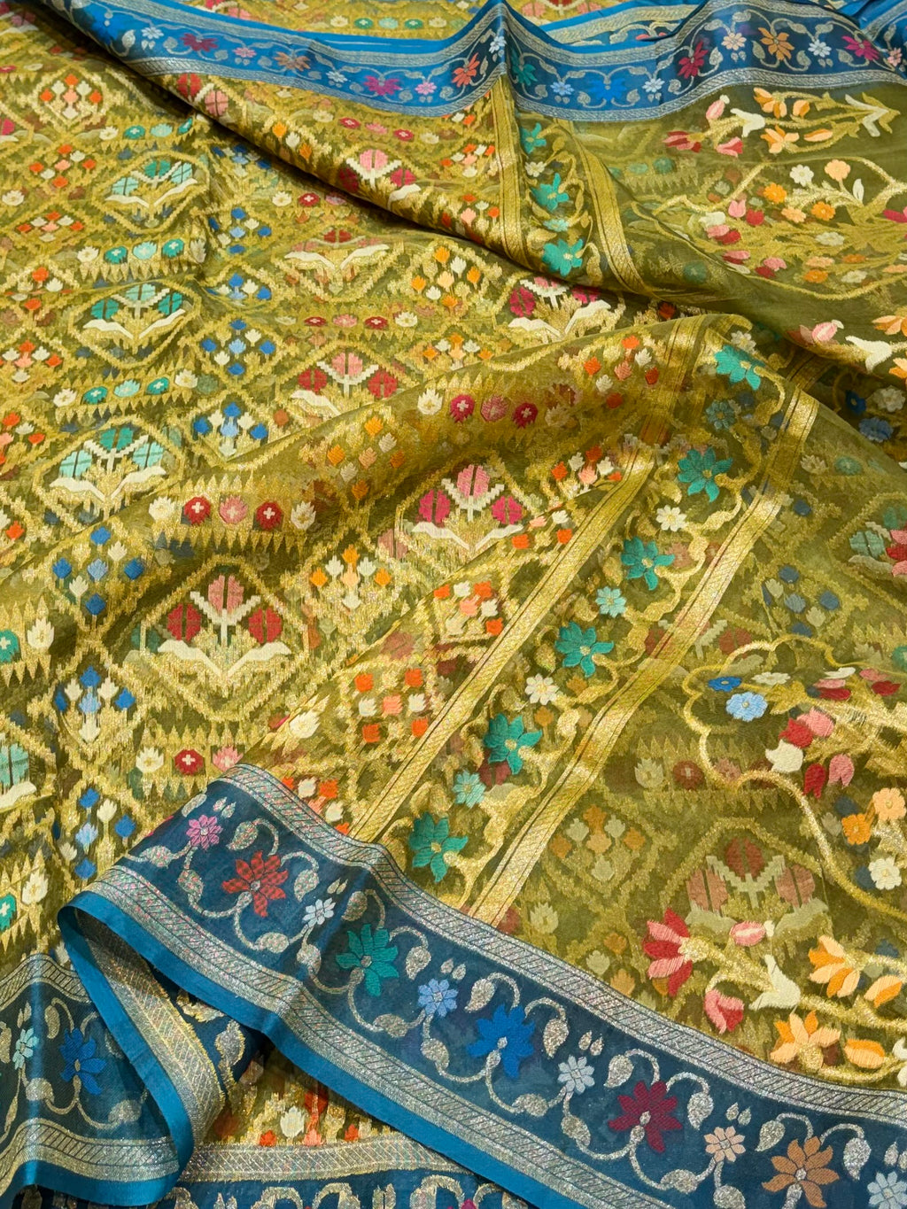 Prebook | Mehendi Green 100% Pure Ektara Banarasi Kora Jamdani Saree