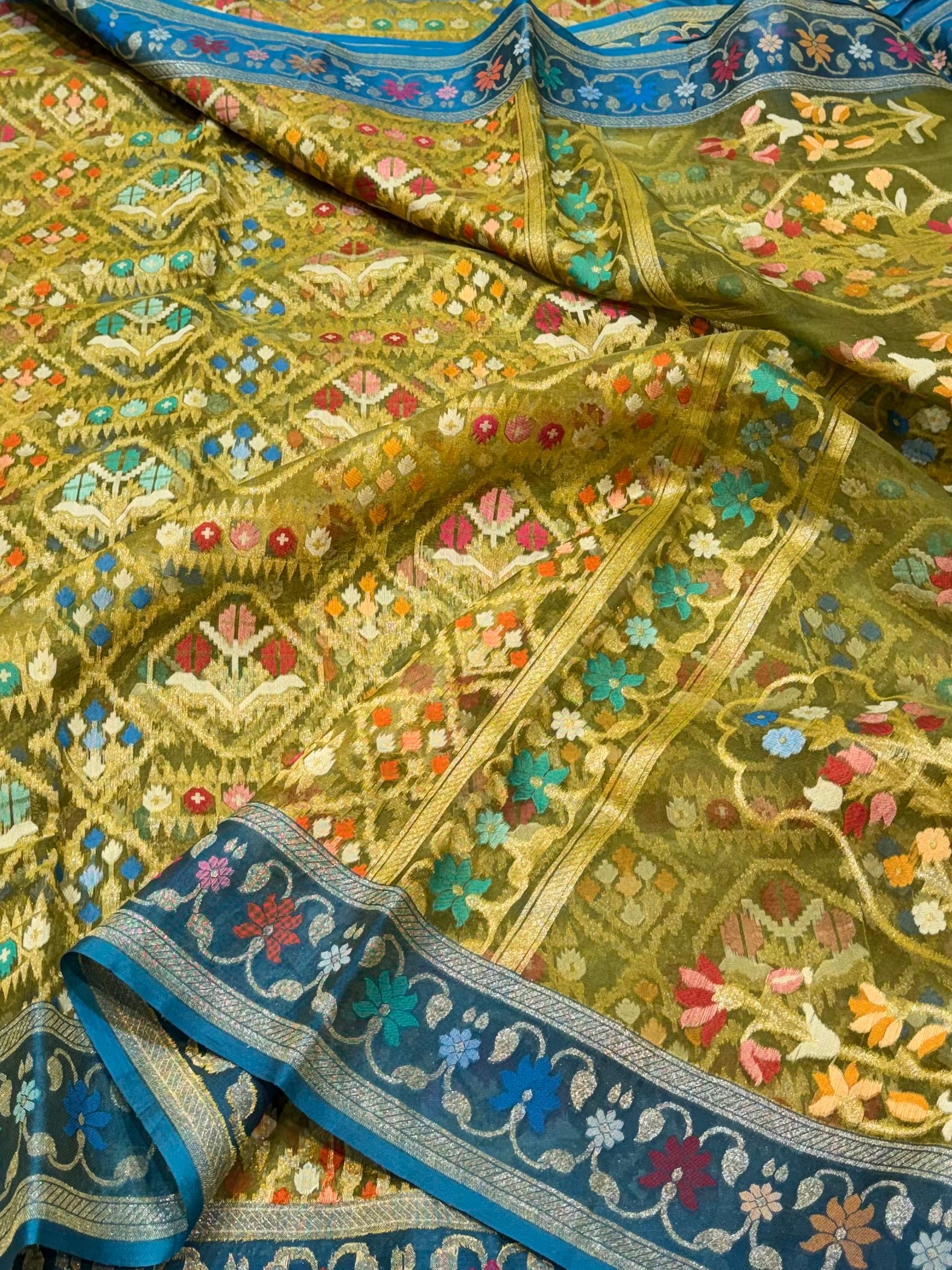 Prebook | Mehendi Green 100% Pure Ektara Banarasi Kora Jamdani Saree