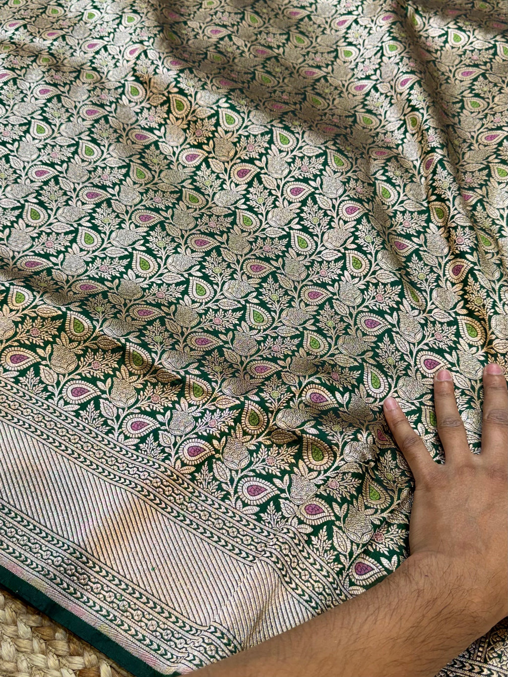 Bottle Green 100% Pure Banarasi Katan Silk Meenakari Brocade Saree