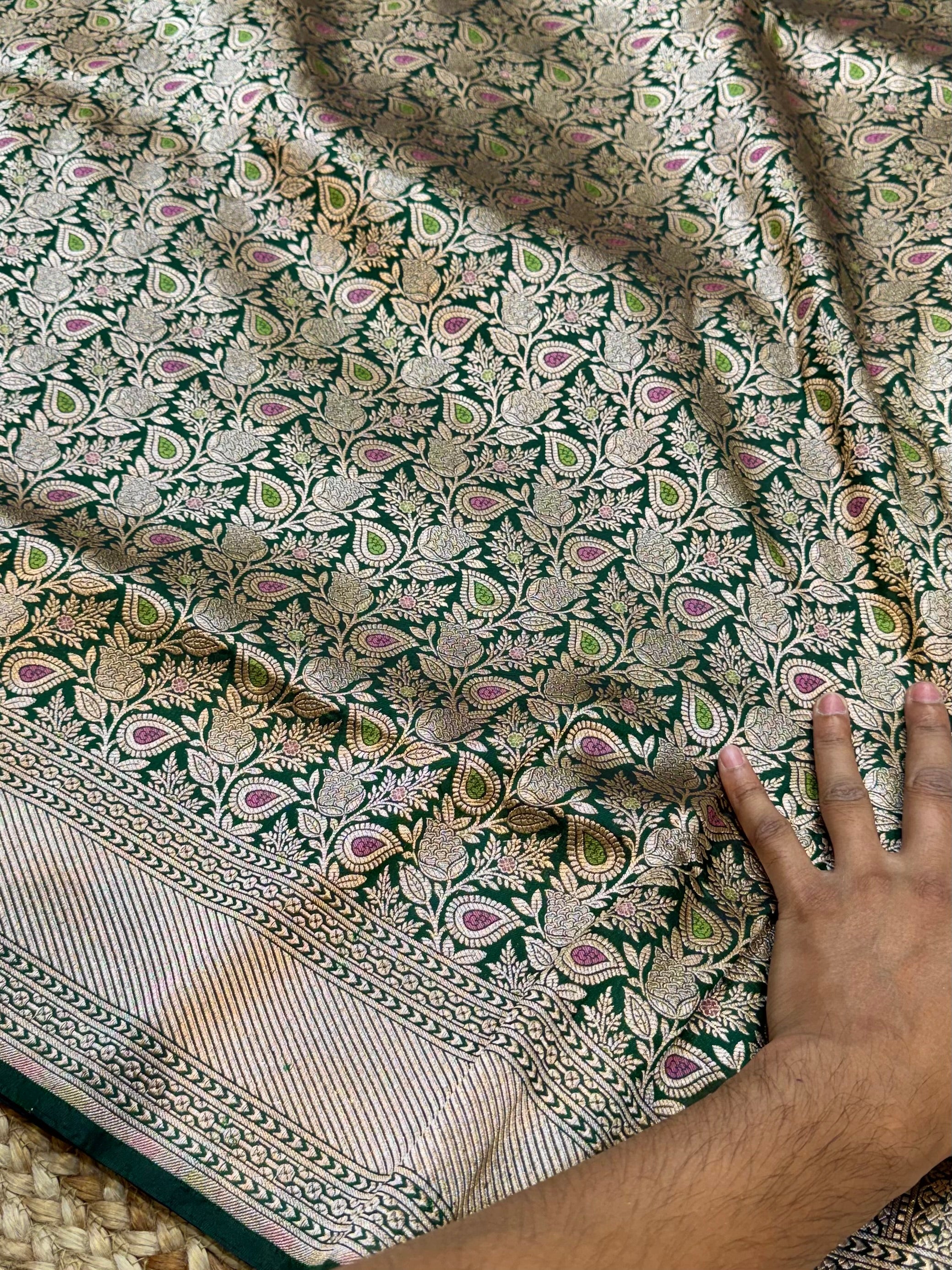 Bottle Green 100% Pure Banarasi Katan Silk Meenakari Brocade Saree