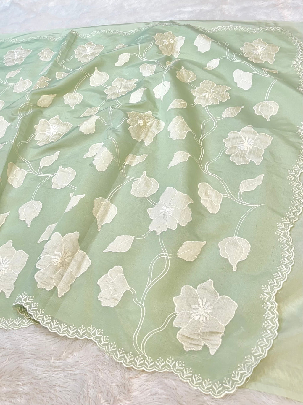 Fruity Green Mango Silk Partywear Banarasi Embroidery Applique work Lightweight Sarees