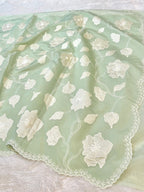 Fruity Green Mango Silk Partywear Banarasi Embroidery Applique work Lightweight Sarees