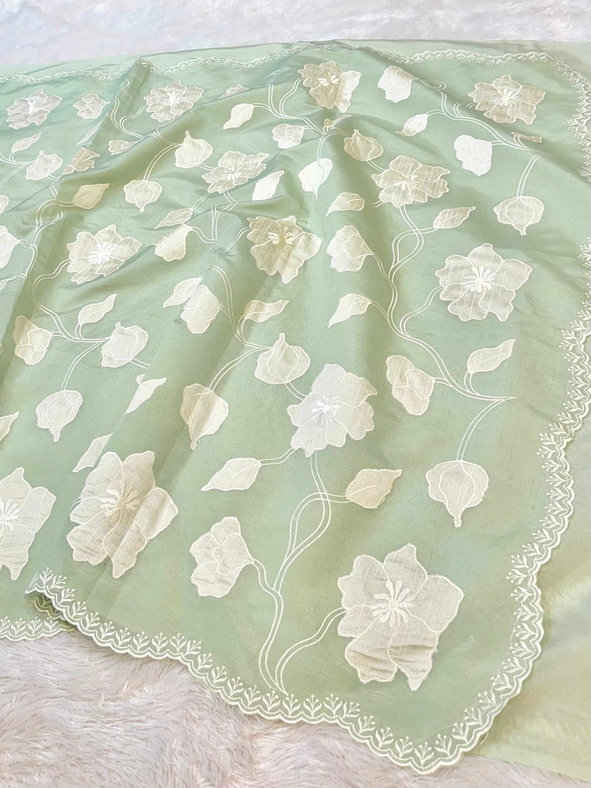 Fruity Green Mango Silk Partywear Banarasi Embroidery Applique work Lightweight Sarees
