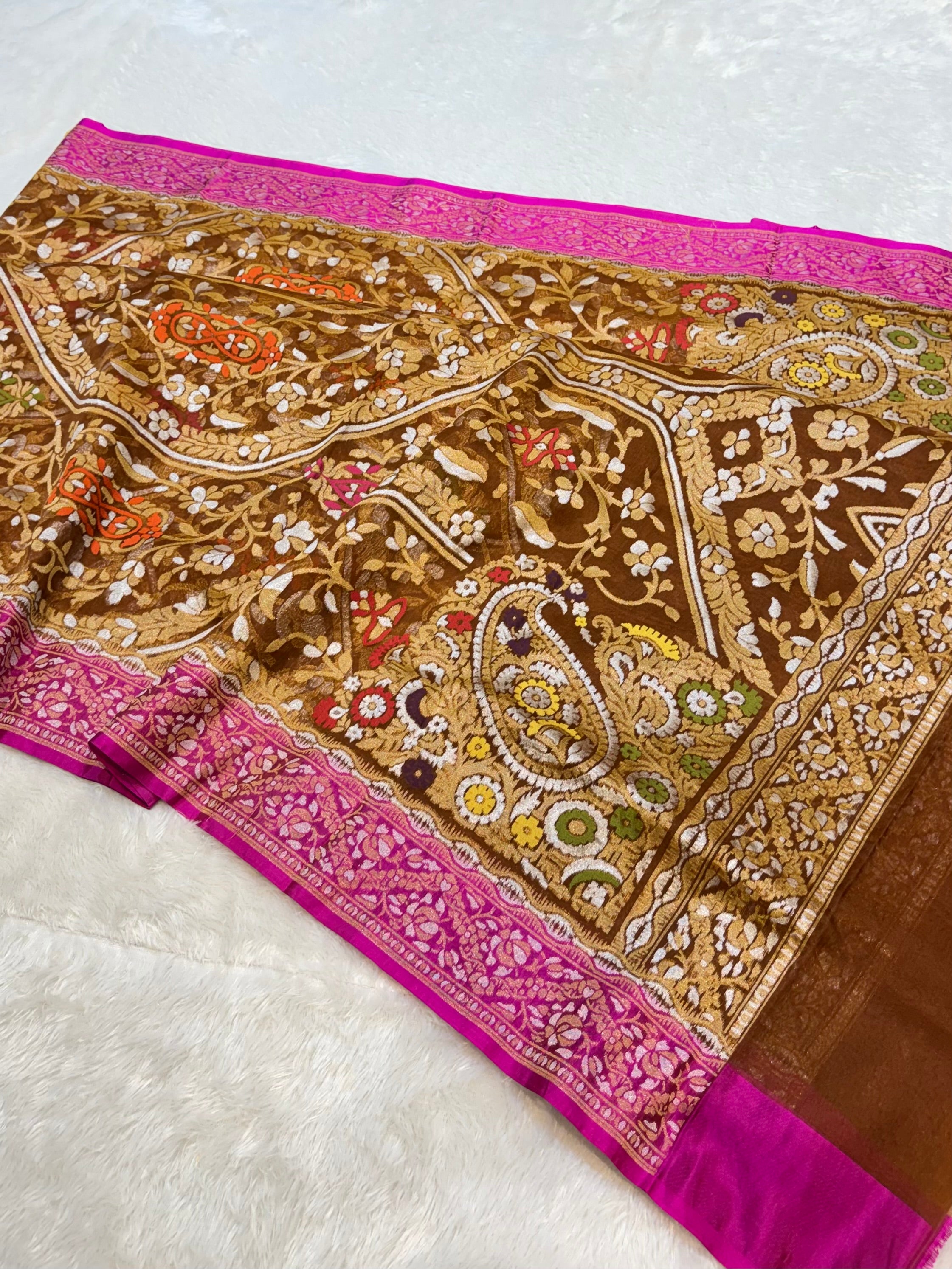 Rust 100% Pure Ektara Banarasi Kora Jamdani Saree