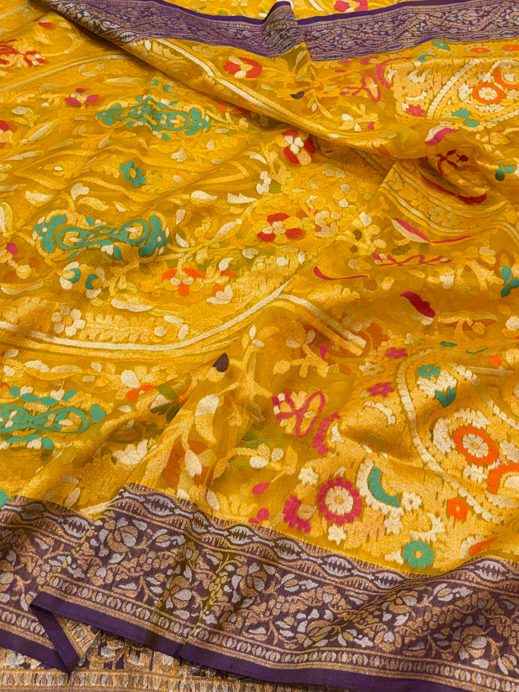 Sunflower Yellow Pure Banarasi Ektara Kora Jamdani Saree