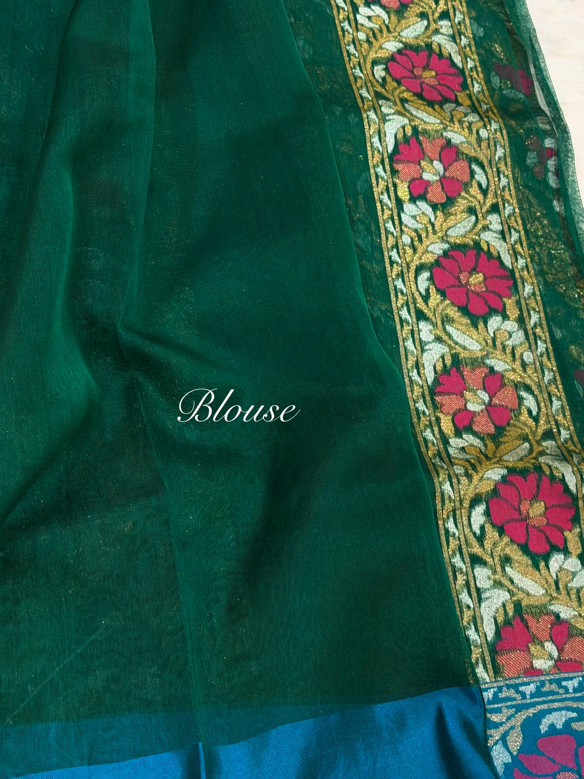 Green Pure Banarasi Ektara Kora Jamdani Saree