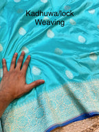 Cyan Blue 100% Pure Banaras Katan Silk Handloom Handwoven Pattu Saree