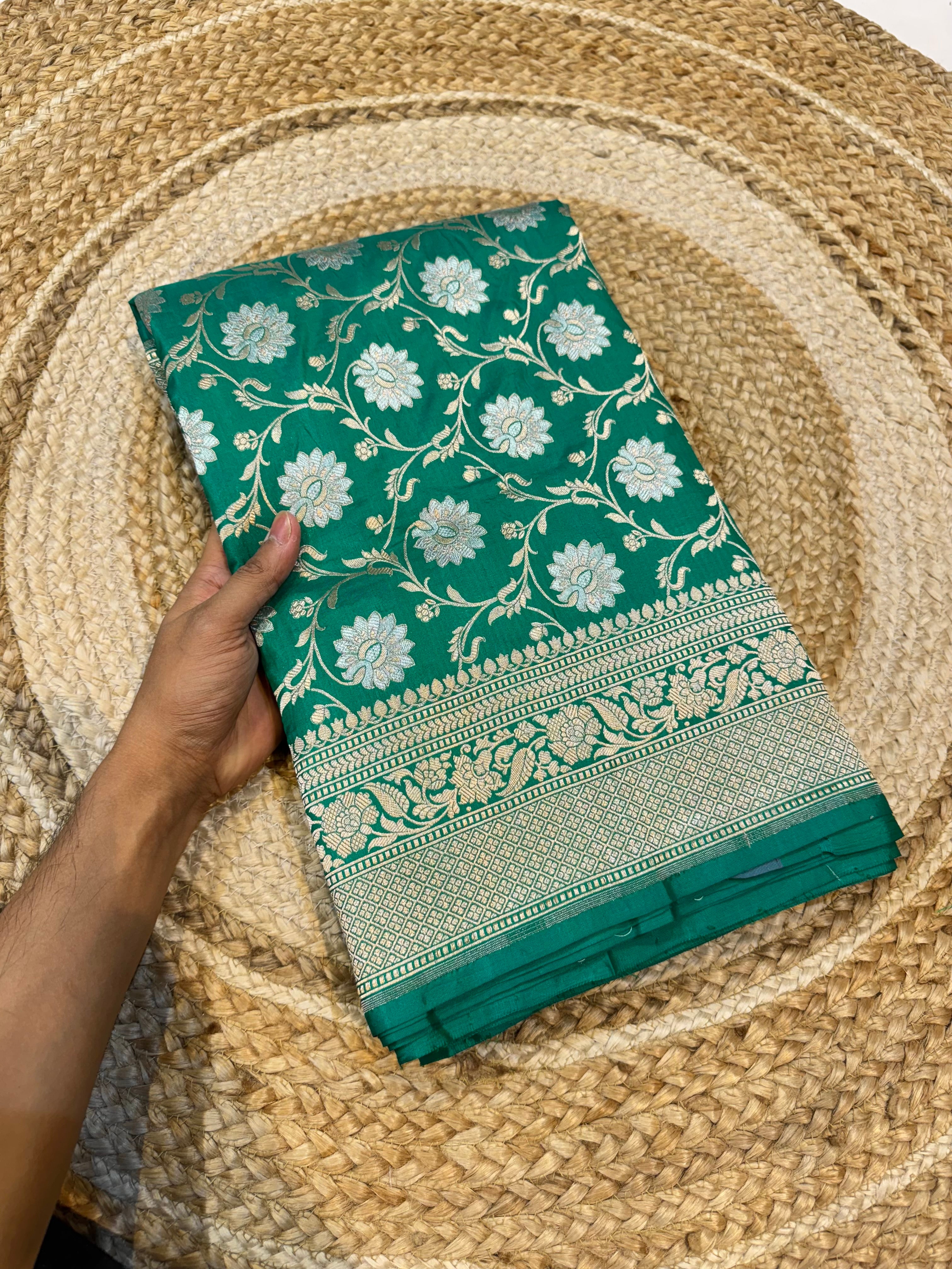Rama Green 100% Pure Banarasi Katan Silk Meenakari Saree