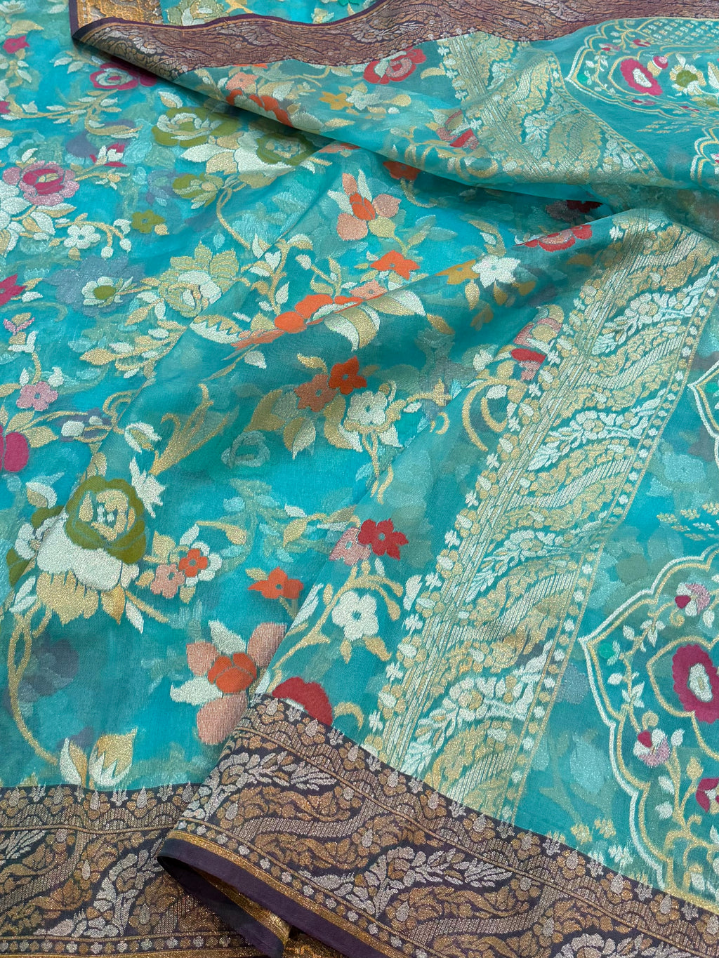 Sky Blue Pure Handloom Banarasi Ektara Kora Jamdani Saree