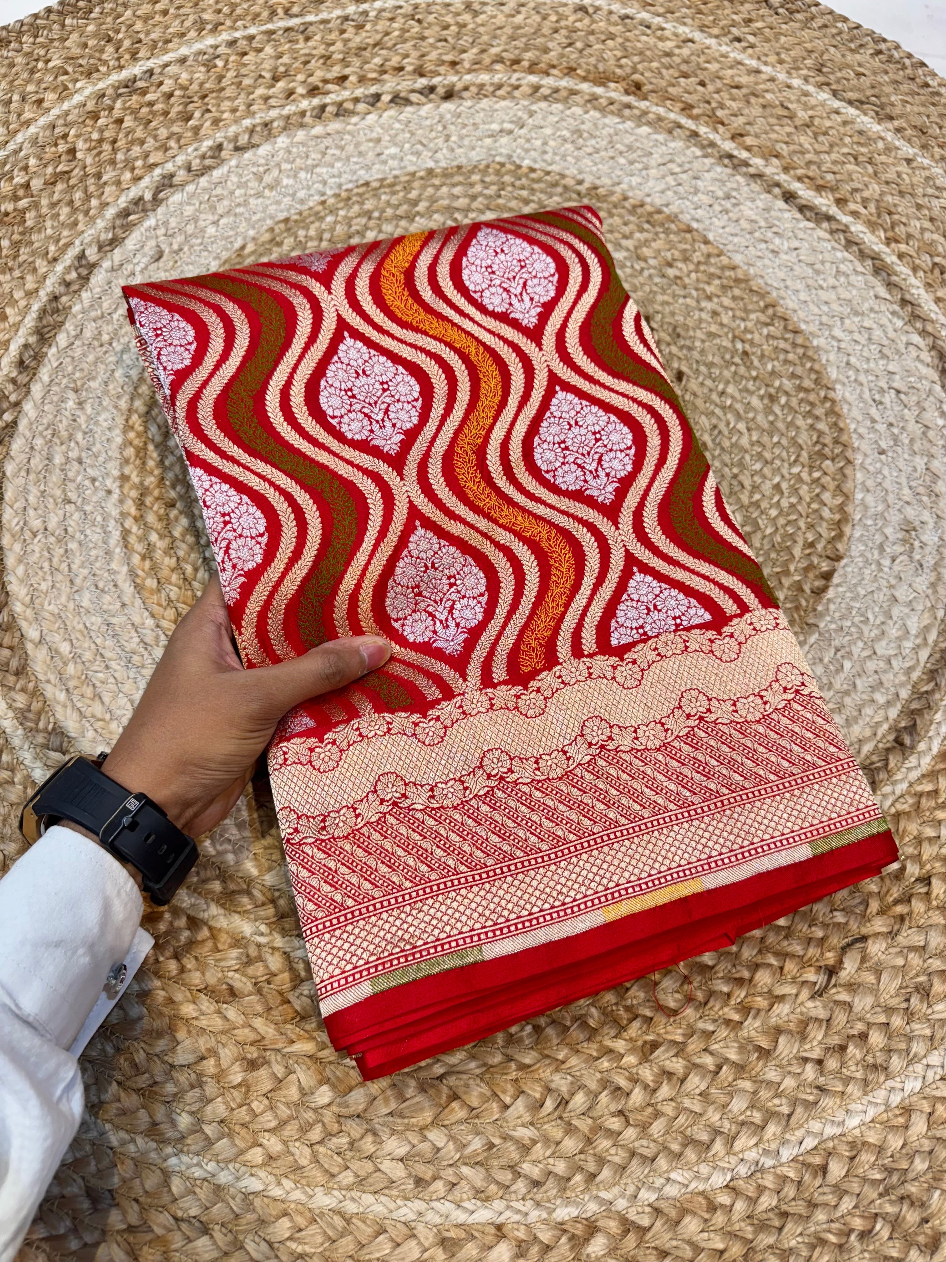 Red 100% Pure Banarasi Katan Silk Tilfi Meenakari Saree