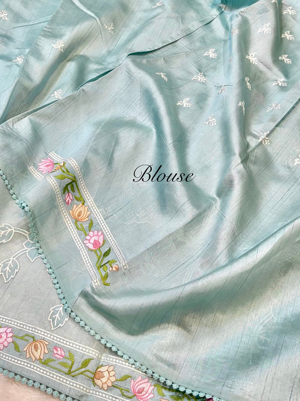 Light Blue Tussar Silk Partywear Banarasi Embroidery with Tissue Applique Lightweight Sarees