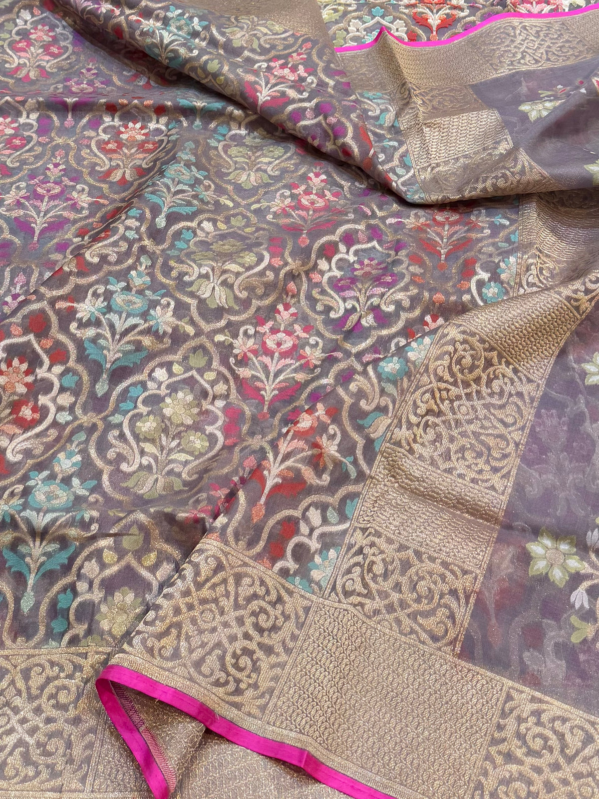 Light Grey Pure Handloom Banarasi Ektara Kora Jamdani Saree