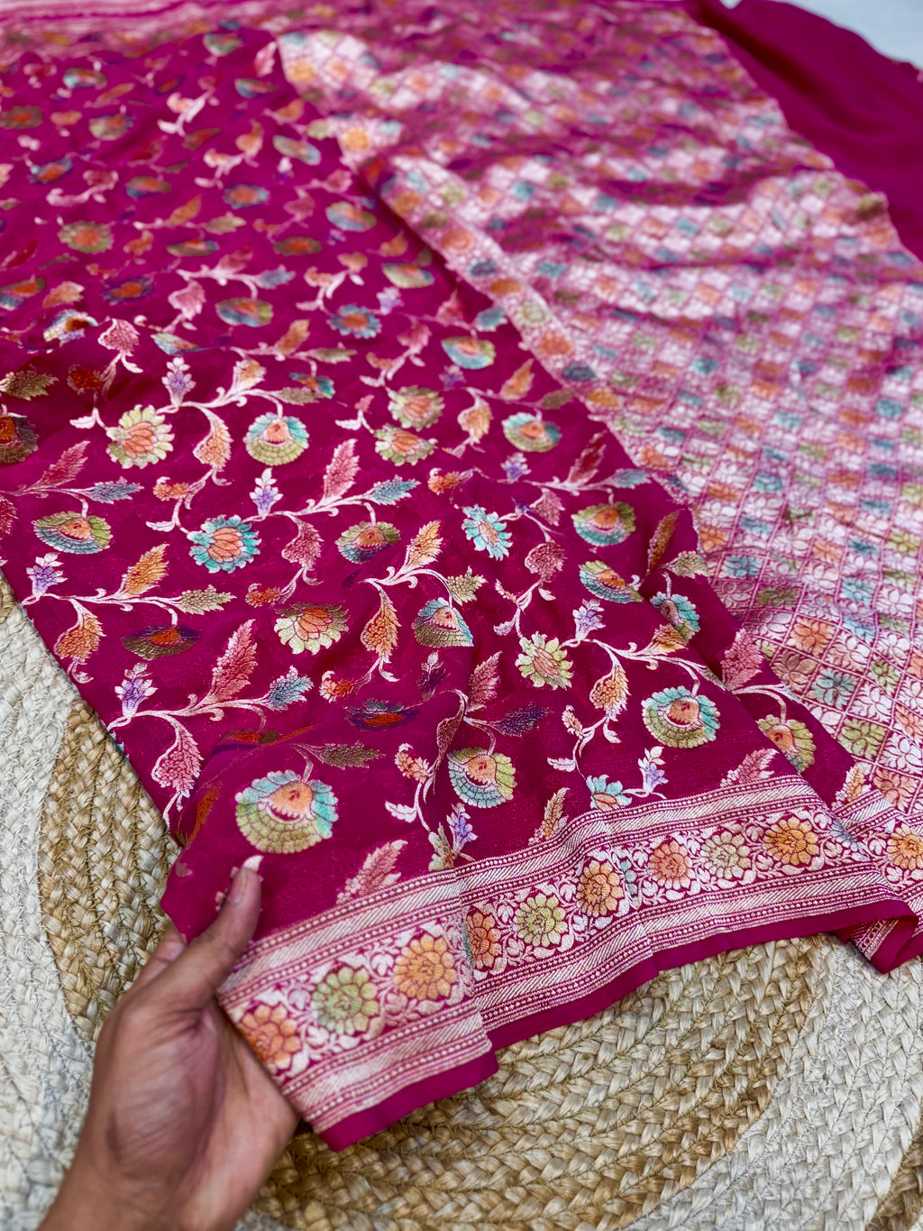 Rani Pink 100% Pure Banarasi Khaddi Georgette Meenakari Saree