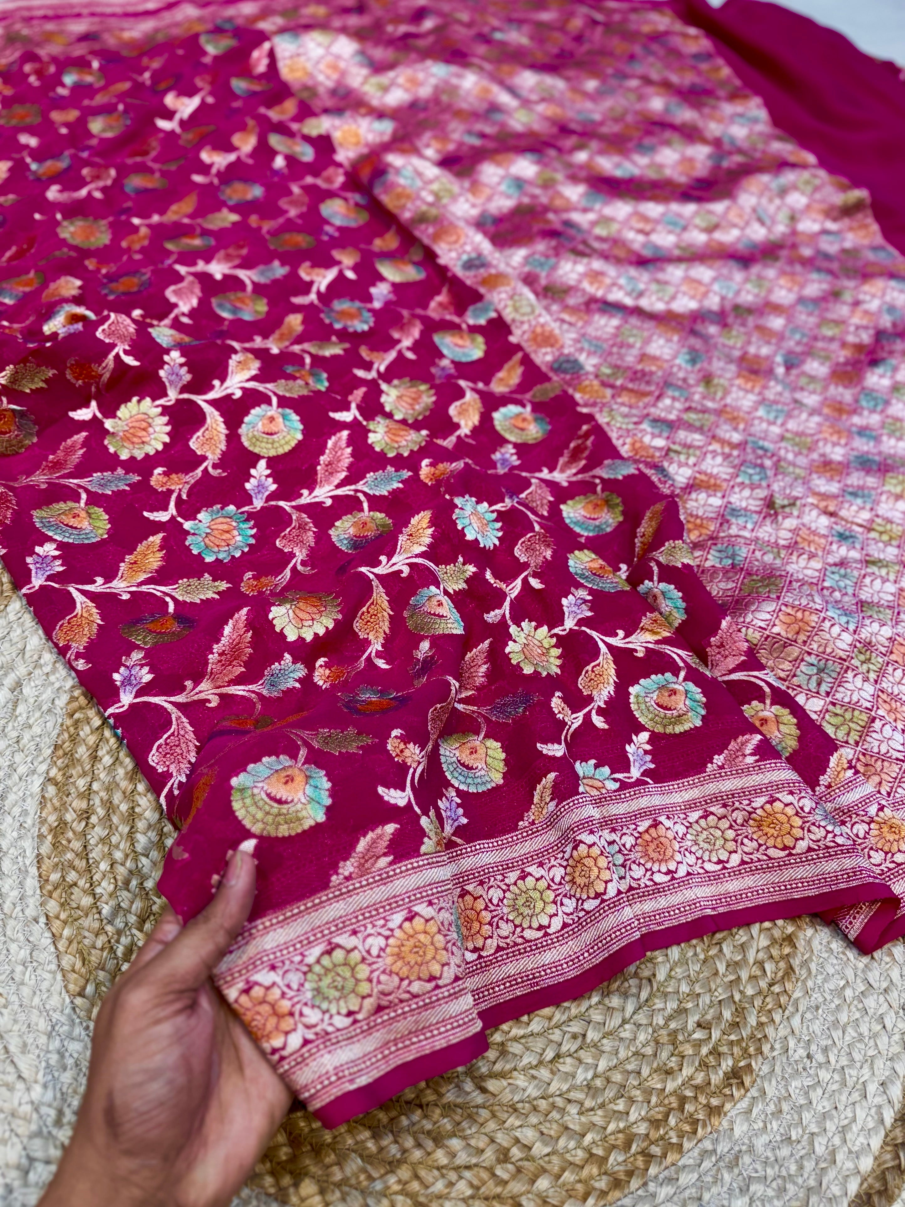 Rani Pink 100% Pure Banarasi Khaddi Georgette Meenakari Saree