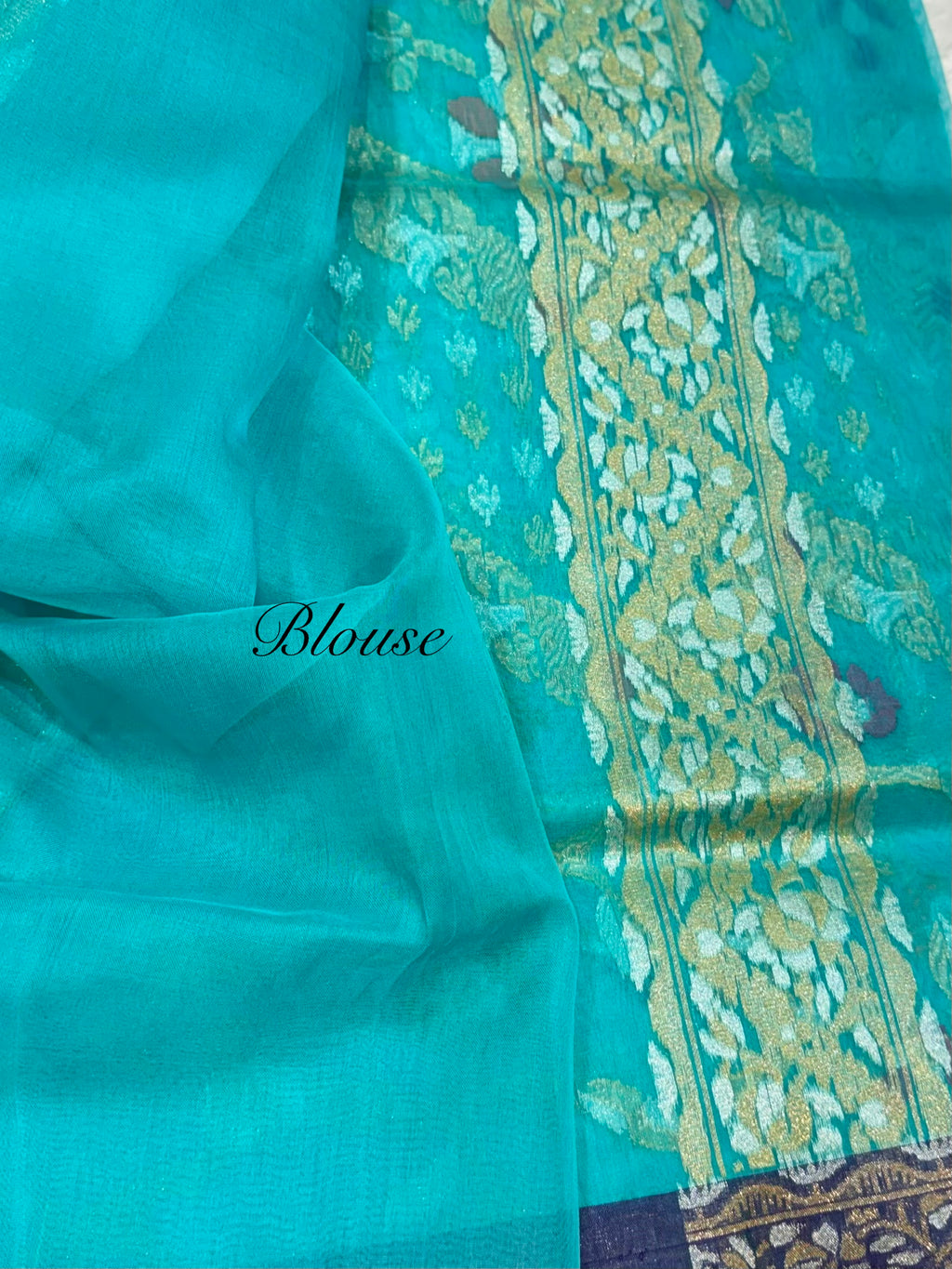 Prebook | Sea Green Pure Ektara Banarasi Kora Jamdani Saree