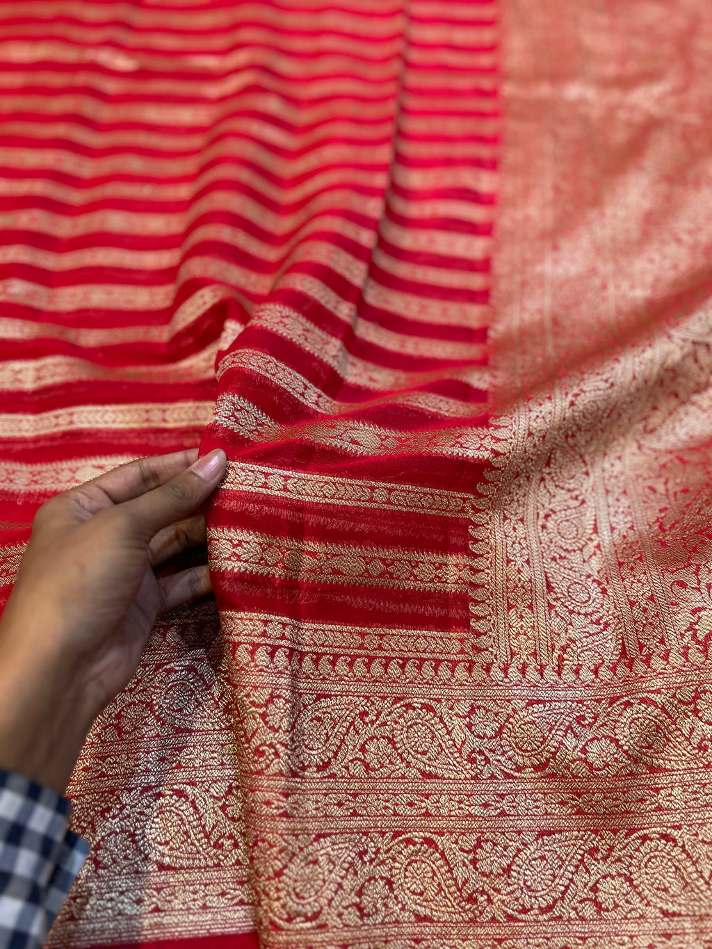 Red 100% Pure Banarasi Khaddi Georgette Stripes Saree