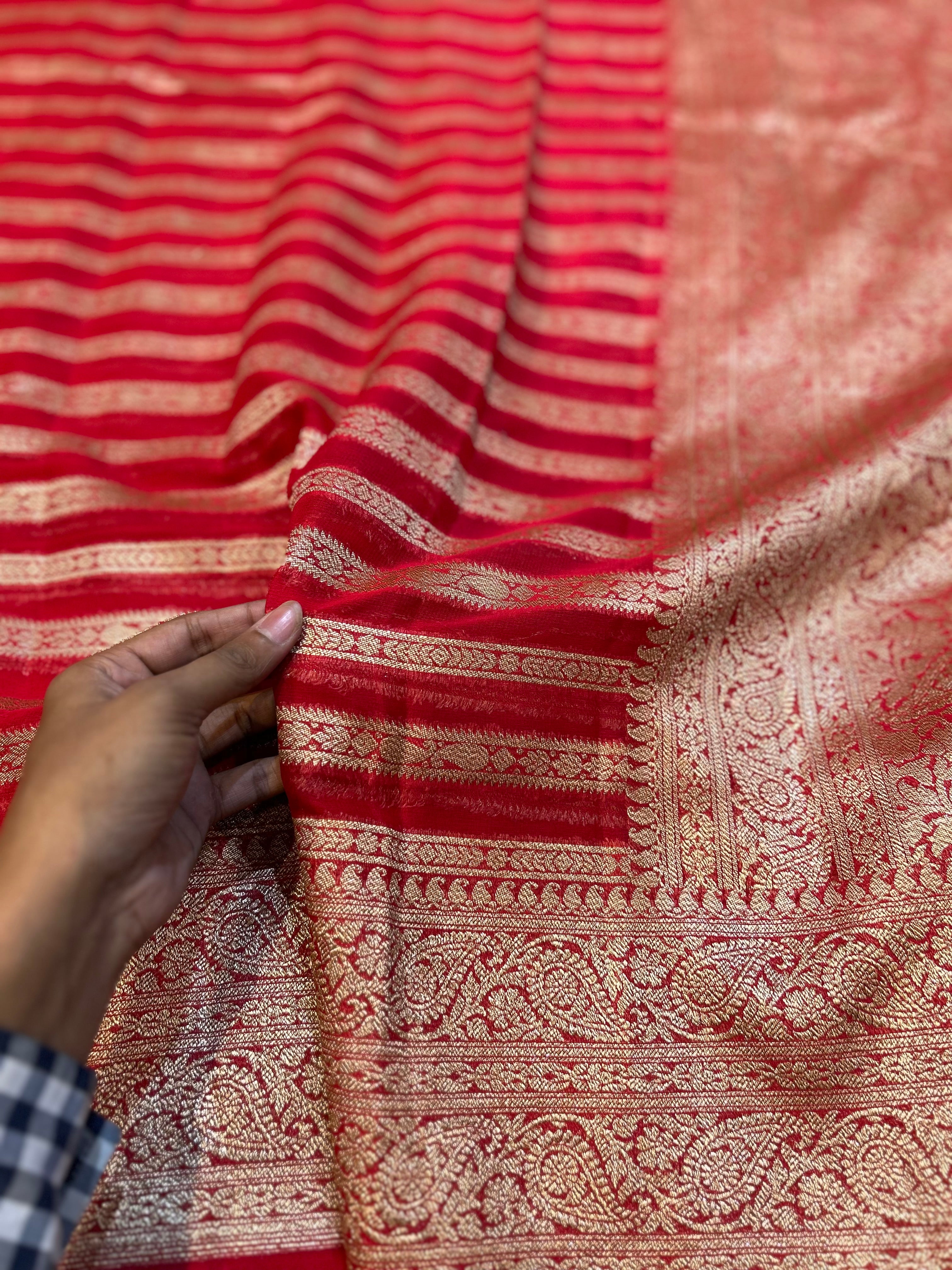 Red 100% Pure Banarasi Khaddi Georgette Stripes Saree