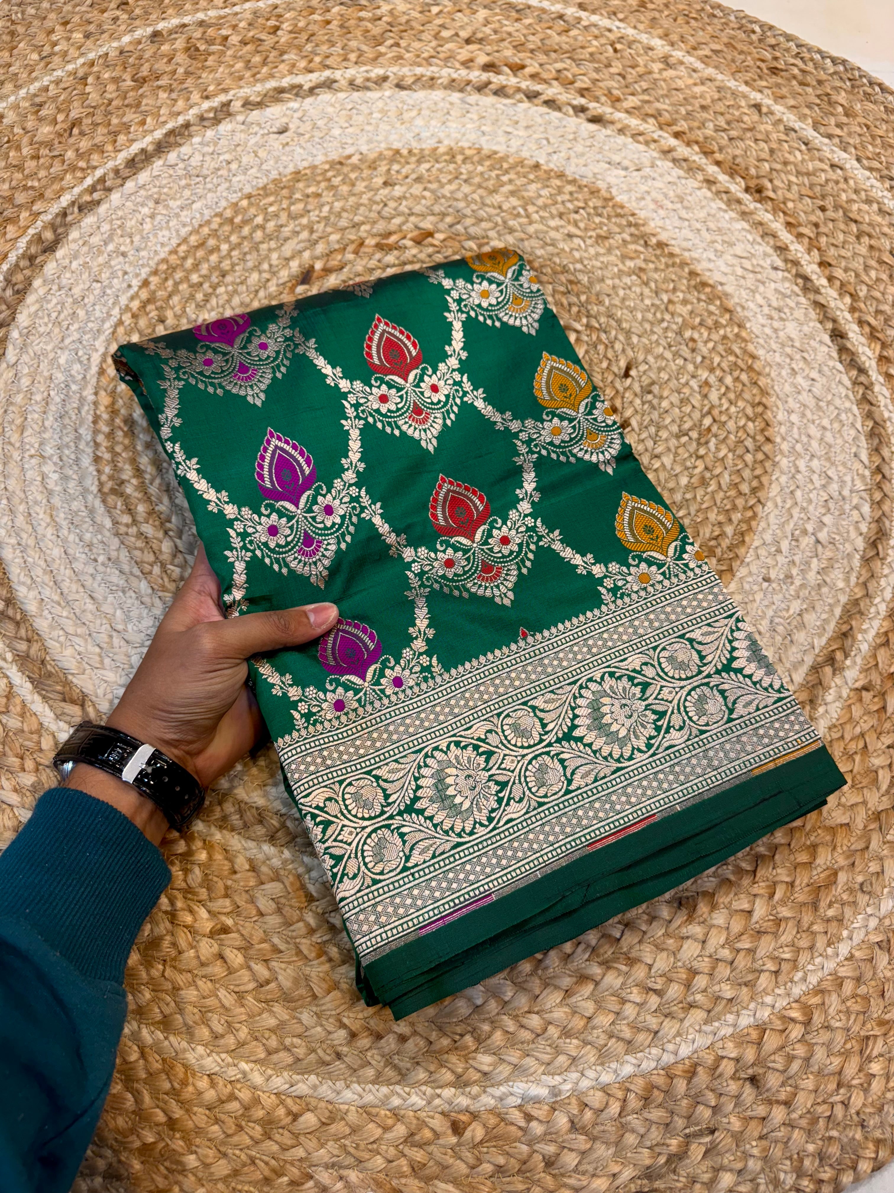 Bottle Green 100% Pure Banarasi Katan Silk Meenakari Saree