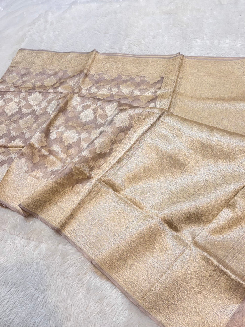 Diamond Beige 100% Pure Tissue Silk Banarasi Partywear Saree