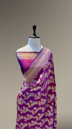 Dual Shade Red-Blue 100% Pure Banarasi Katan Silk Meenakari Sareee
