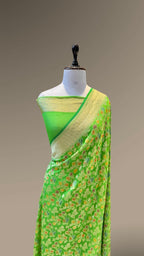 Parrot Green 100% Pure Banarasi Khaddi Georgette Handbrush Meenakari Saree