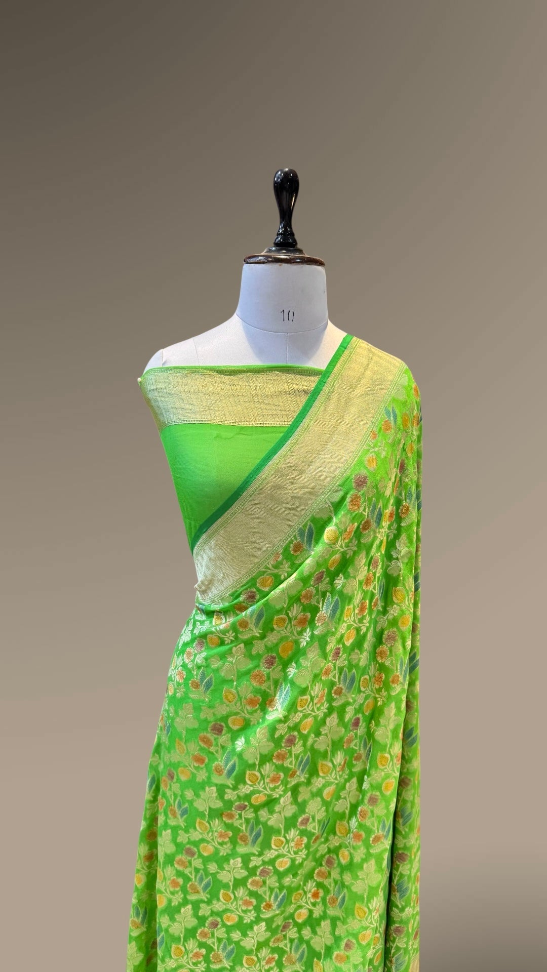 Parrot Green 100% Pure Banarasi Khaddi Georgette Handbrush Meenakari Saree