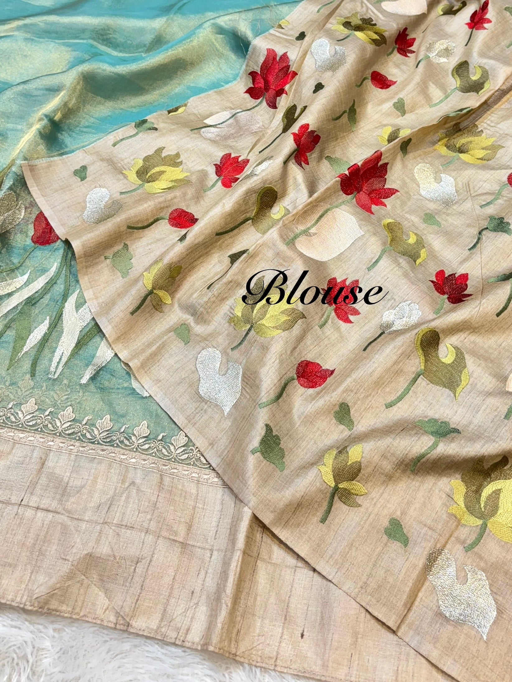 Diamond Blue 100% Pure Handloom Tissue Silk Partywear Banarasi Embroidery Lightweight Sarees