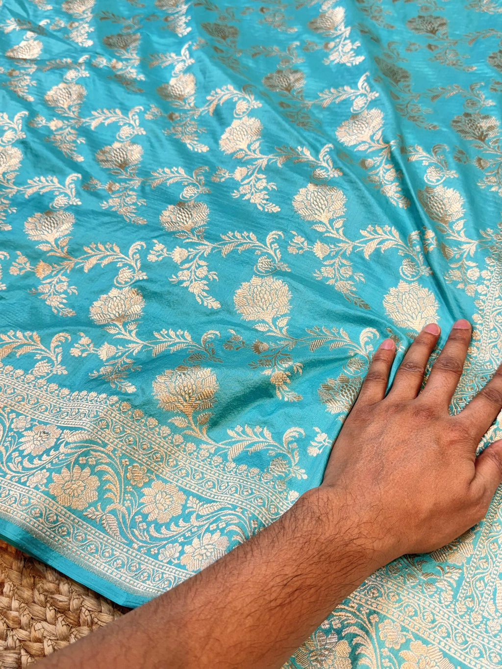 Cyan Blue 100% Pure Banarasi Katan Silk Saree
