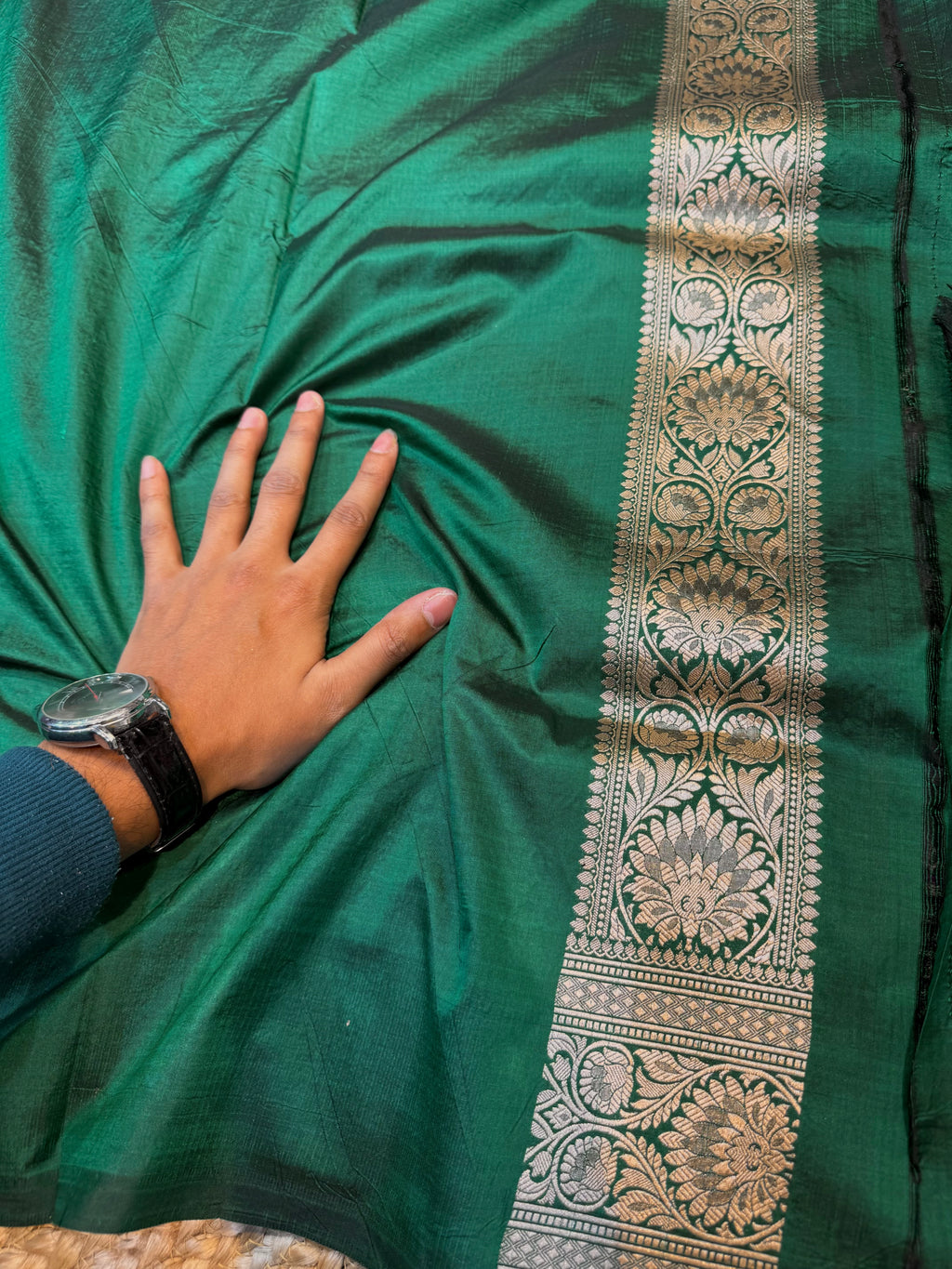 Bottle Green 100% Pure Banarasi Katan Silk Meenakari Saree