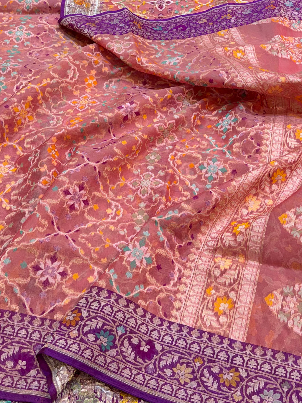 Pastel Peach Pure Handloom Banarasi Ektara Kora Jamdani Saree