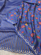 Lavender Blue 100% Pure Handloom Mul Cotton Stripes Tissue Silk Partywear Banarasi Embroidery Lightweight Sarees