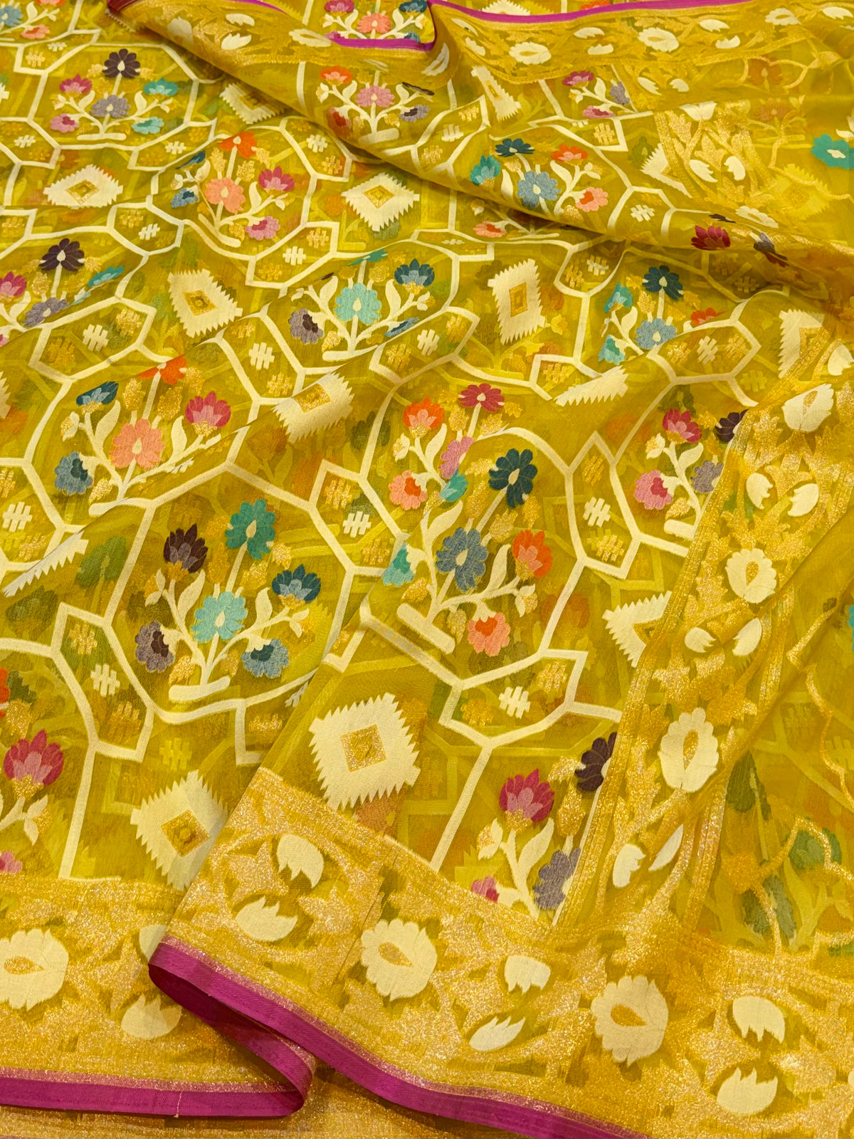Lemon Banarasi Ektara Kora Jamdani Saree