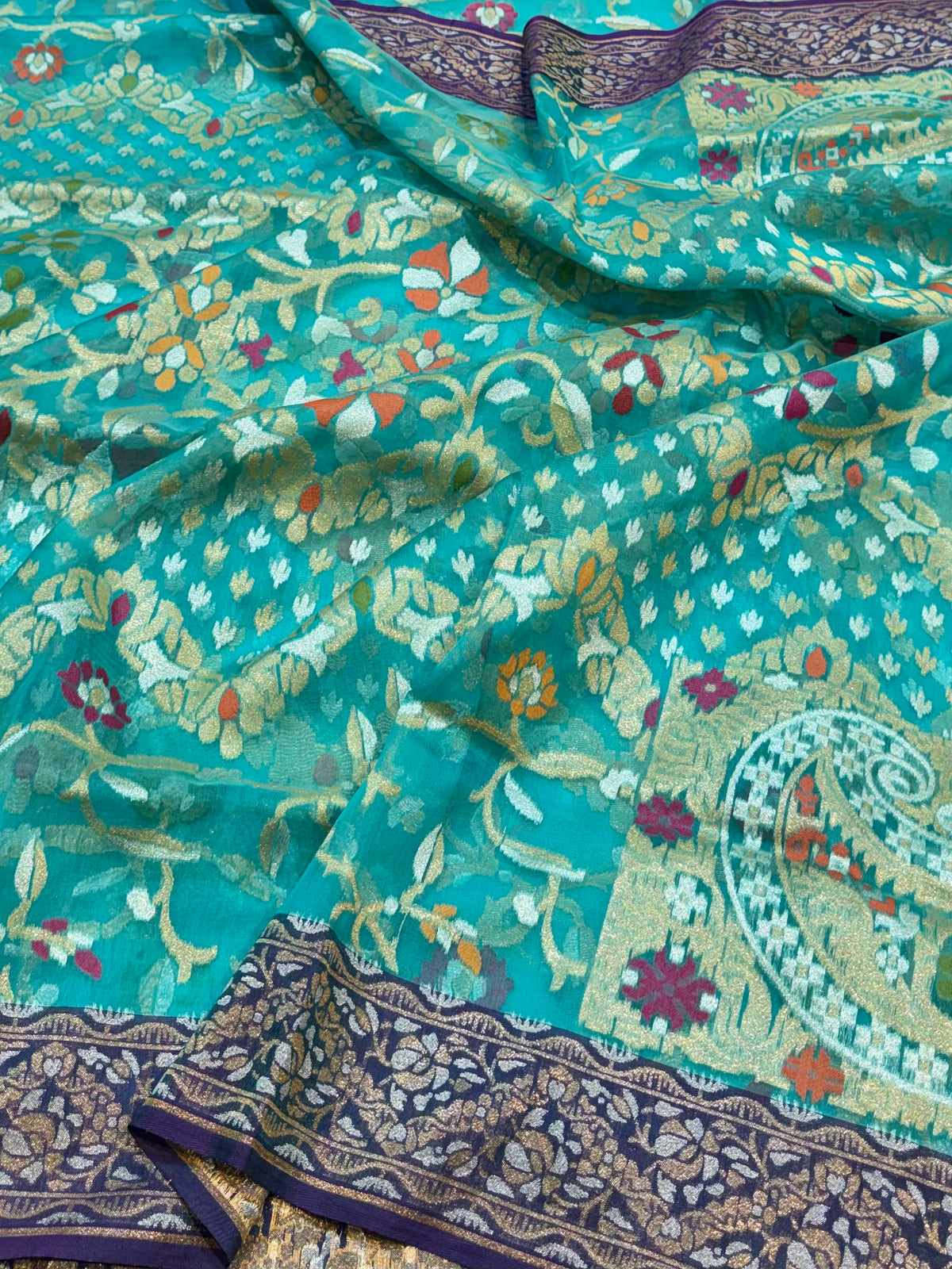 Prebook | Sea Green Pure Ektara Banarasi Kora Jamdani Saree
